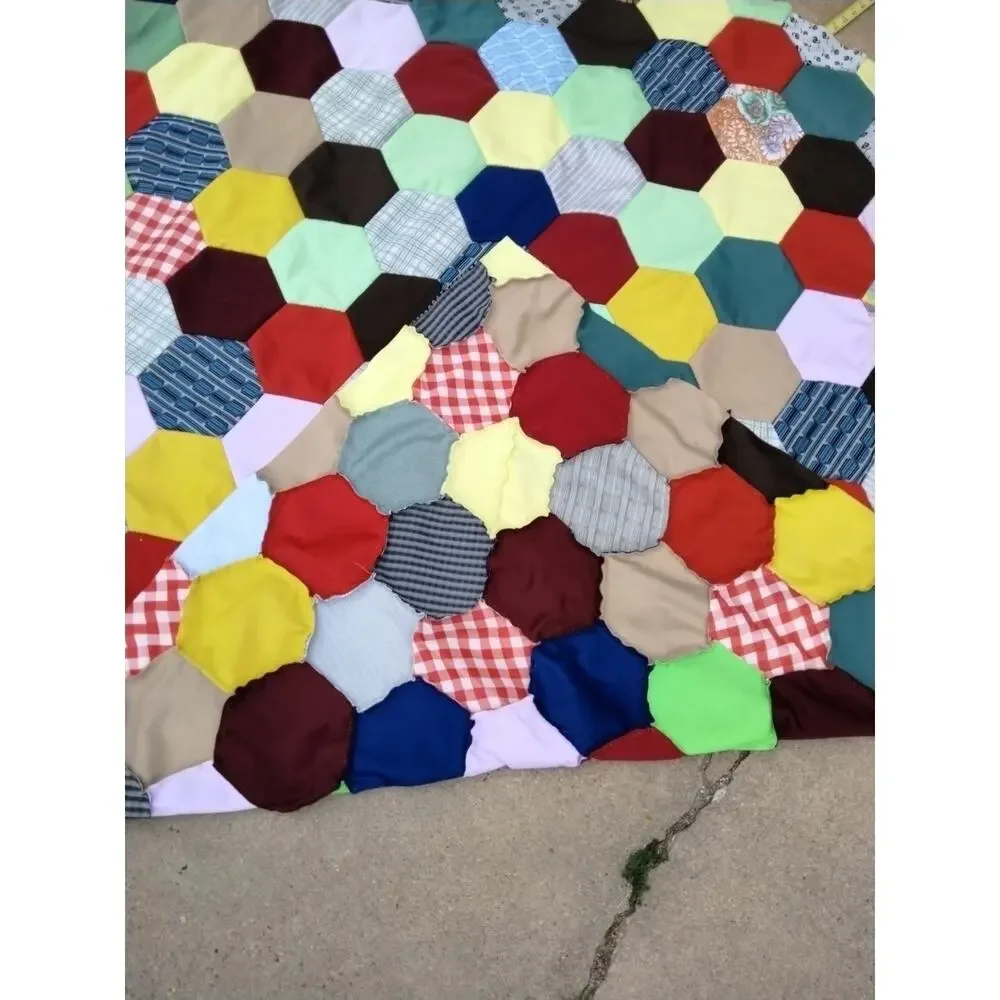 Vintage Grandmother’s Flower Garden Quilt Top Hexagon Hand Pieced 69 X 86